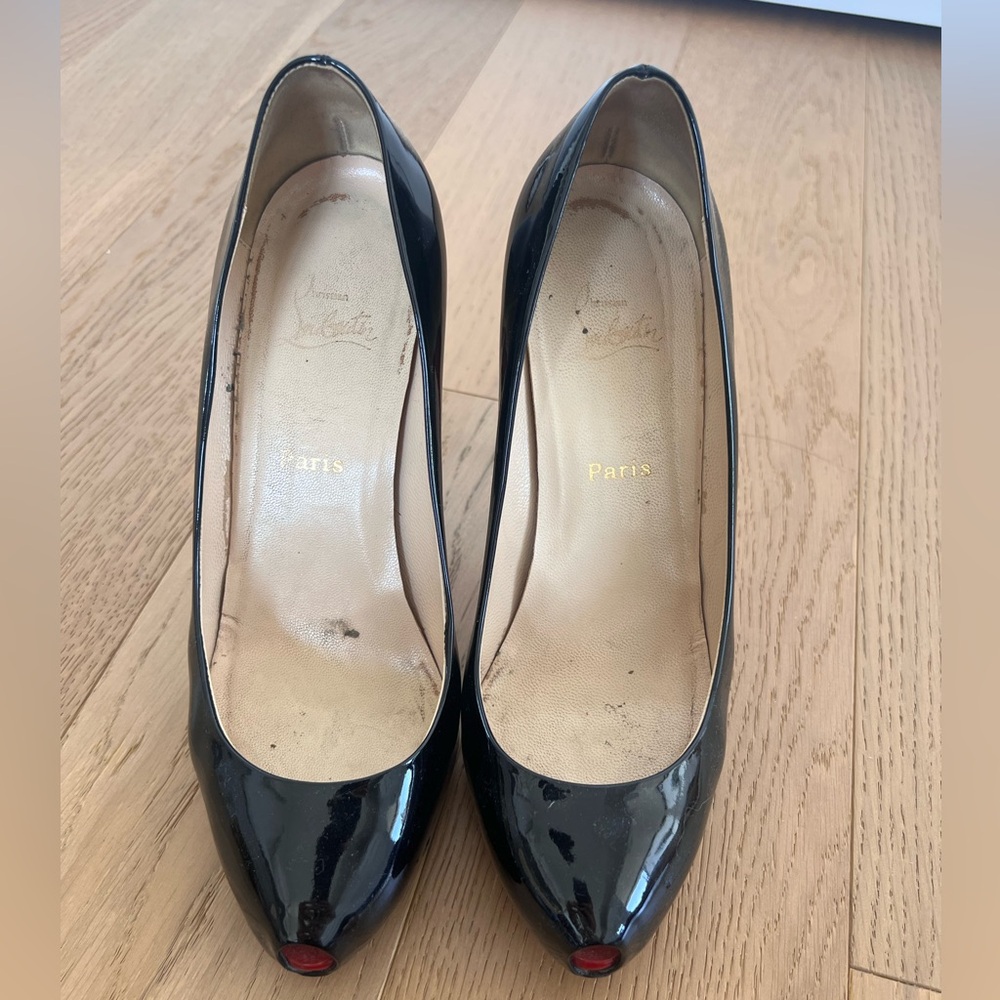 Christian Louboutin Black Patent Leather Peep-Toe Pumps